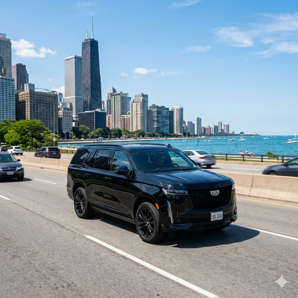 Chicago Chauffeur Service with luxury black SUV driving on Lake Shore drive