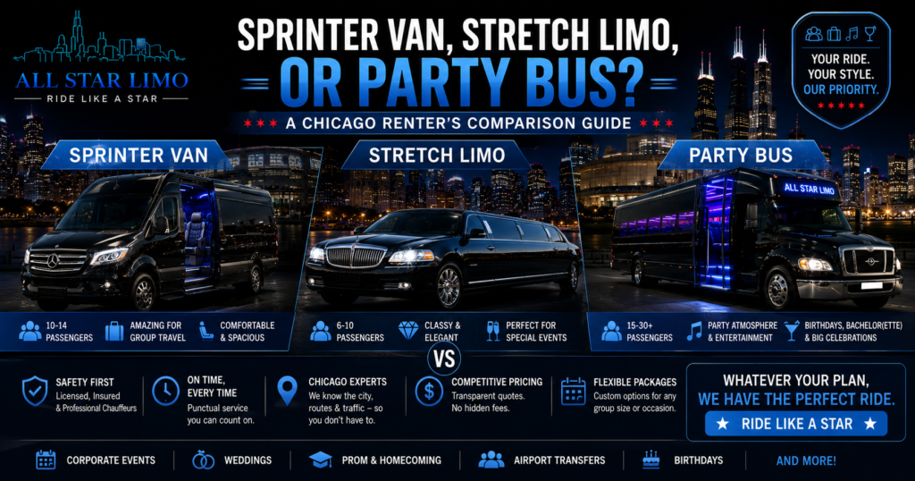 Sprinter Van vs Stretch Limo vs Party Bus ChicagoSprinter Van vs Stretch Limo vs Party Bus Chicago