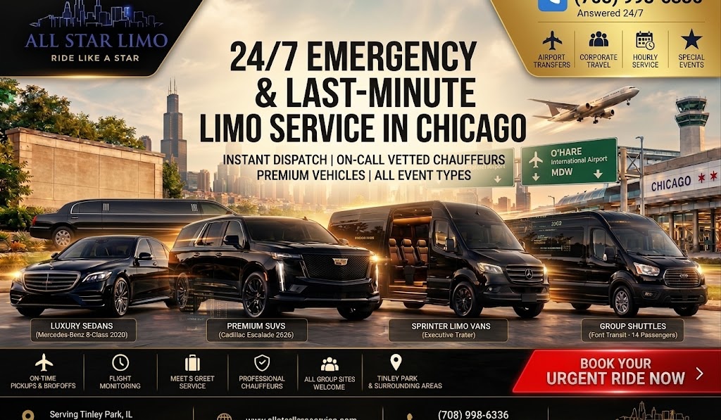 All Star Limo ad promoting 24/7 emergency and last-minute limo service in Chicago, with instant dispatch and an urgent booking call-to-action.