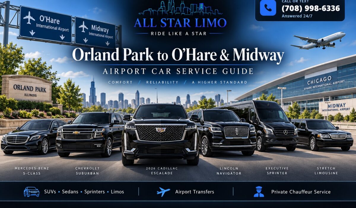 All Star Limo fleet — Mercedes S-Class, Escalade, Navigator, Sprinter and stretch limo for Orland Park to O'Hare and Midway airport car service