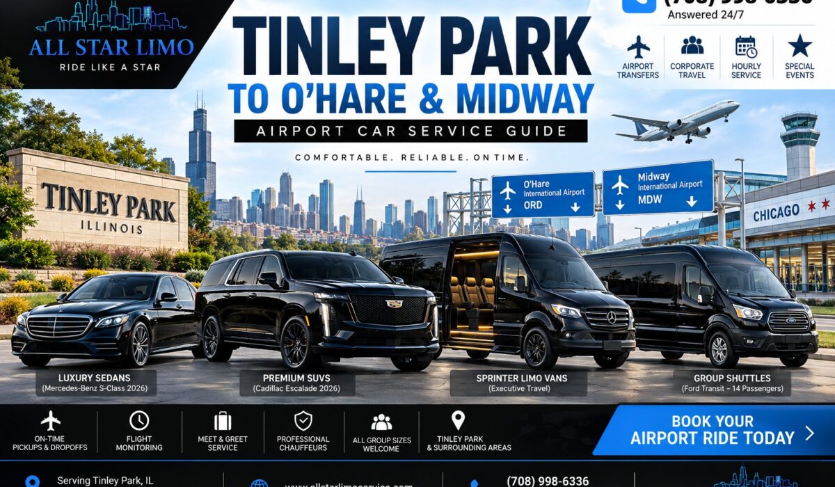 All Star Limo fleet — Mercedes S-Class, Cadillac Escalade, Sprinter and Ford Transit shuttle for Tinley Park to O'Hare and Midway airport car service