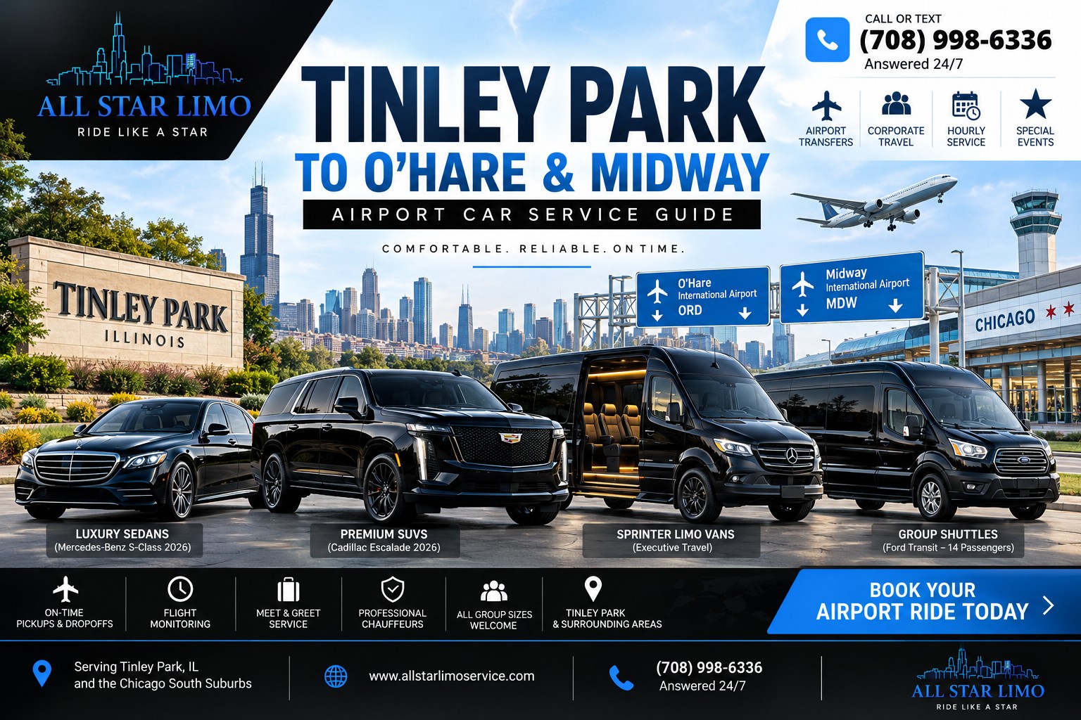 All Star Limo fleet — Mercedes S-Class, Cadillac Escalade, Sprinter and Ford Transit shuttle for Tinley Park to O'Hare and Midway airport car service