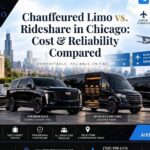 All Star Limo promotional graphic comparing chauffeured limo service vs. rideshare in Chicago, showing four black vehicles (luxury sedan, premium SUV, sprinter limo van, and group shuttle) parked in front of the Chicago skyline near Midway International Airport.