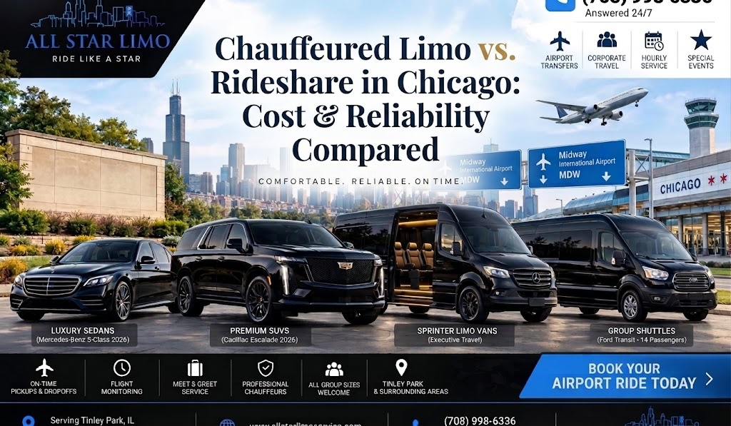 All Star Limo promotional graphic comparing chauffeured limo service vs. rideshare in Chicago, showing four black vehicles (luxury sedan, premium SUV, sprinter limo van, and group shuttle) parked in front of the Chicago skyline near Midway International Airport.