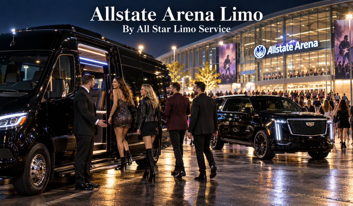 Allstate Arena limo with a black Mercedes Sprinter and 2026 Cadillac Escalade dropping off concertgoers outside a large arena at night