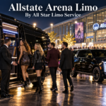 Allstate Arena limo with a black Mercedes Sprinter and 2026 Cadillac Escalade dropping off concertgoers outside a large arena at night