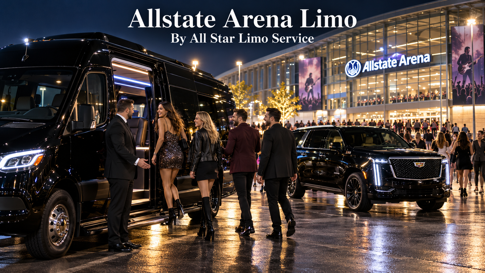 Allstate Arena limo with a black Mercedes Sprinter and 2026 Cadillac Escalade dropping off concertgoers outside a large arena at night