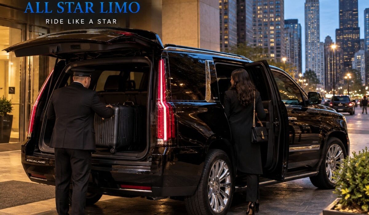 All Star Limo chauffeur loading luggage into a black Escalade outside a downtown Chicago hotel, with the city skyline in the background