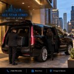 All Star Limo chauffeur loading luggage into a black Escalade outside a downtown Chicago hotel, with the city skyline in the background