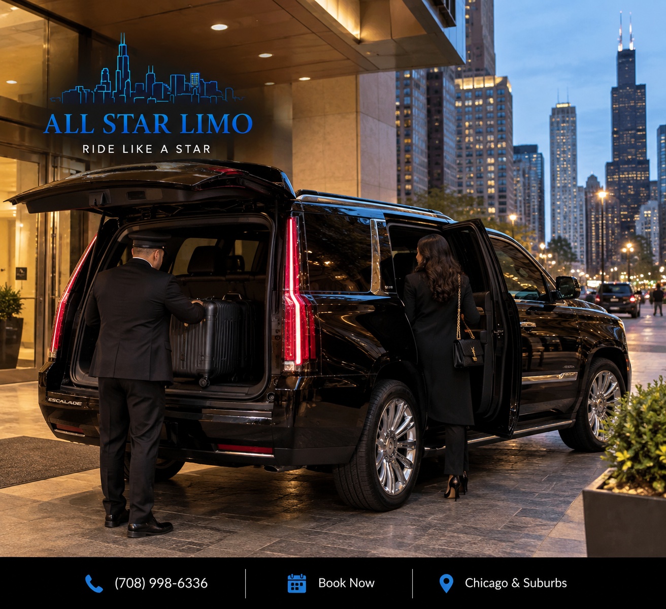All Star Limo chauffeur loading luggage into a black Escalade outside a downtown Chicago hotel, with the city skyline in the background