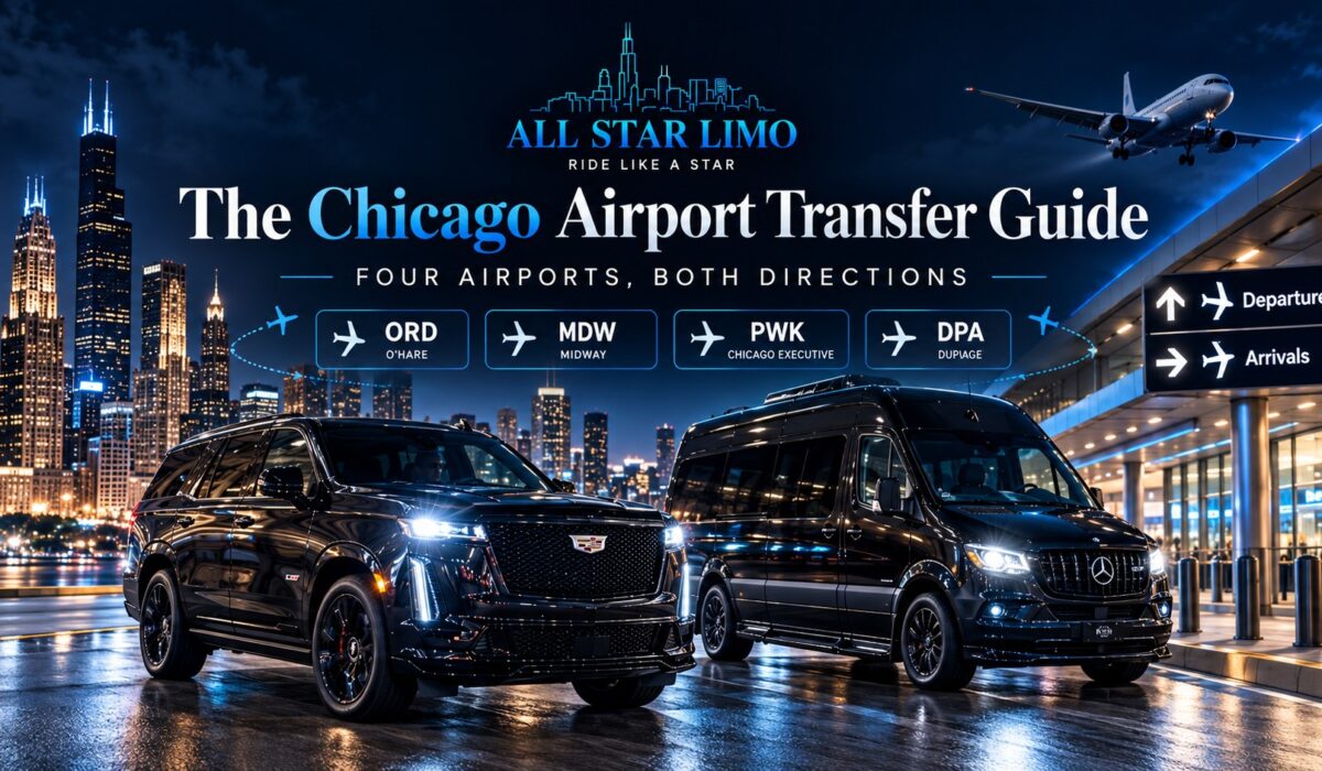 All Star Limo Chicago airport transfer guide with a black SUV and Mercedes Sprinter at O'Hare, Midway, Chicago Executive and DuPage airports