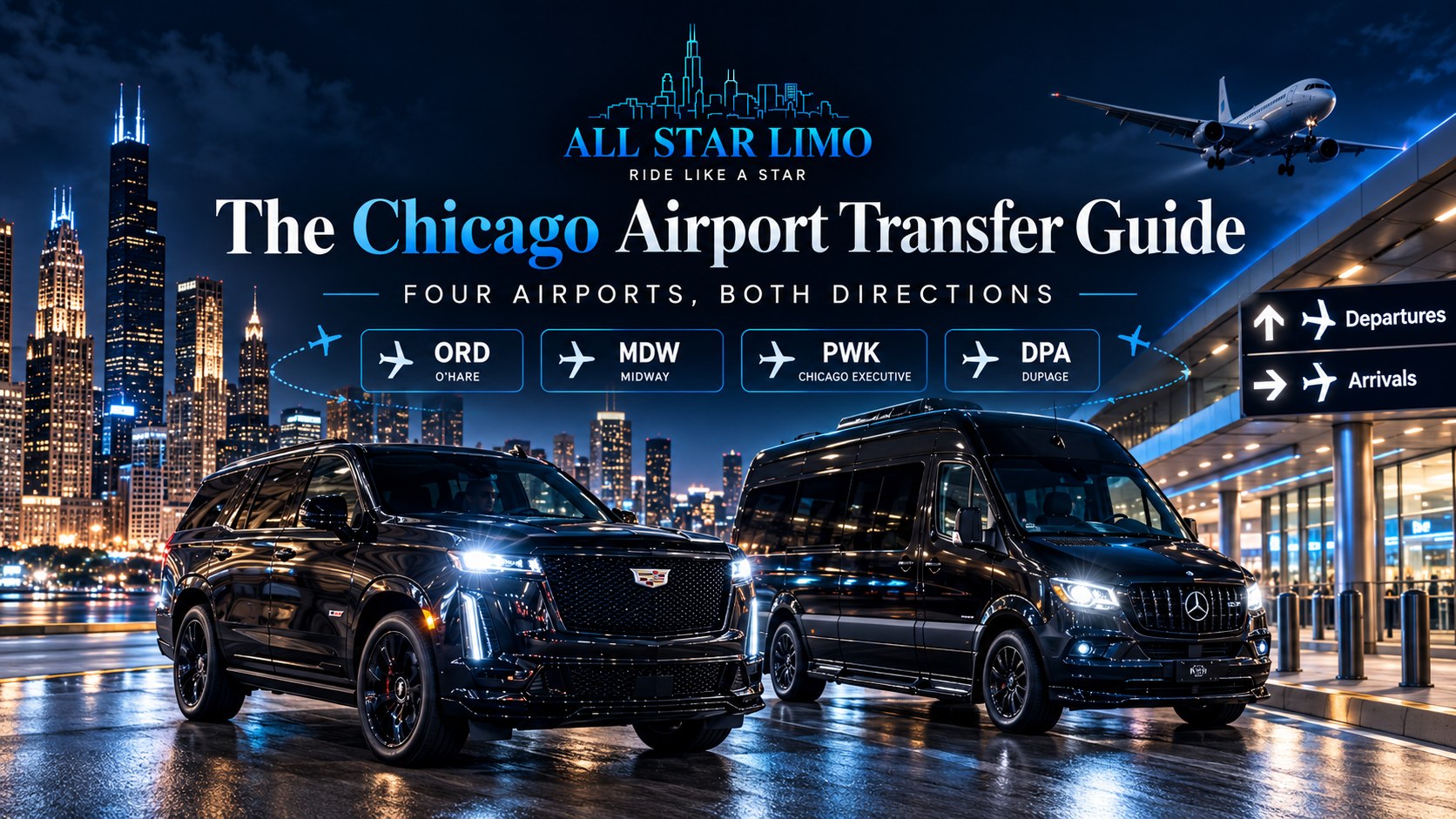 All Star Limo Chicago airport transfer guide with a black SUV and Mercedes Sprinter at O'Hare, Midway, Chicago Executive and DuPage airports