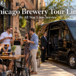Chicago brewery tour limo with a black Mercedes Sprinter party bus parked outside a brick taproom as friends raise beer flights