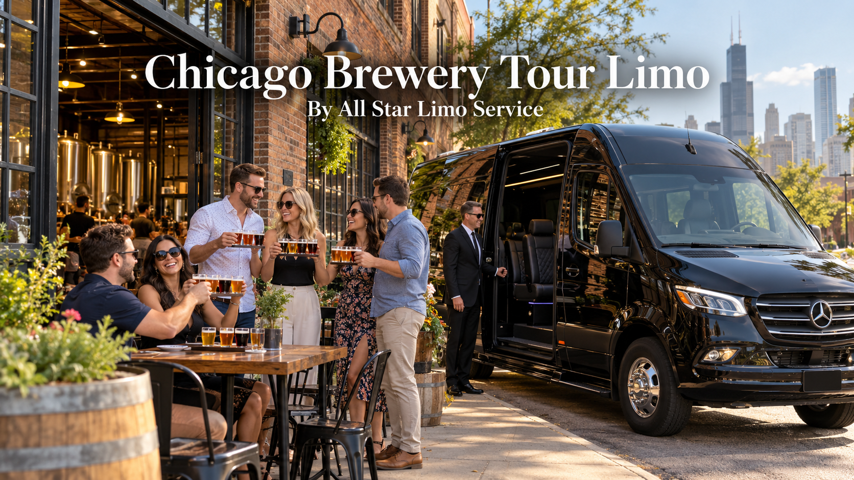 Chicago brewery tour limo with a black Mercedes Sprinter party bus parked outside a brick taproom as friends raise beer flights