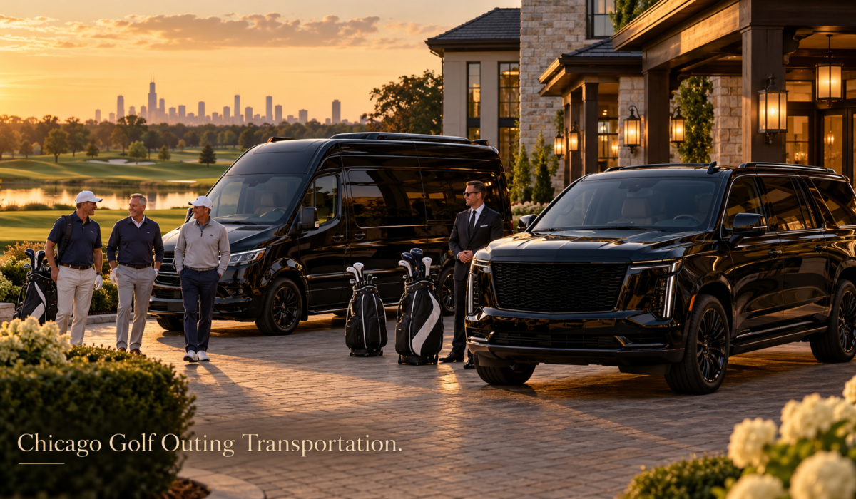 Chicago golf outing transportation with a black 2026 Cadillac Escalade and Mercedes-Benz Sprinter outside an upscale golf club