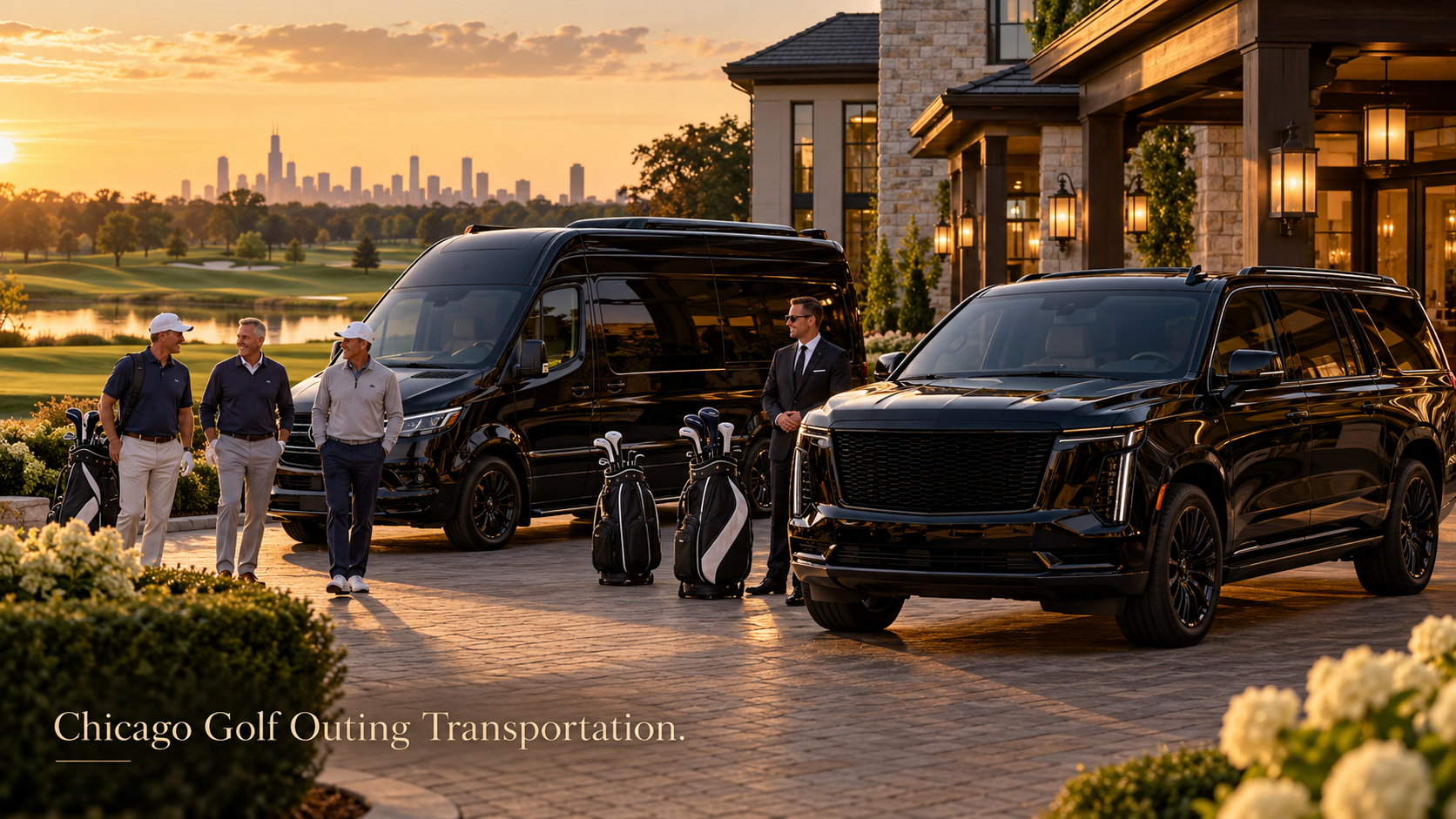 Chicago golf outing transportation with a black 2026 Cadillac Escalade and Mercedes-Benz Sprinter outside an upscale golf club