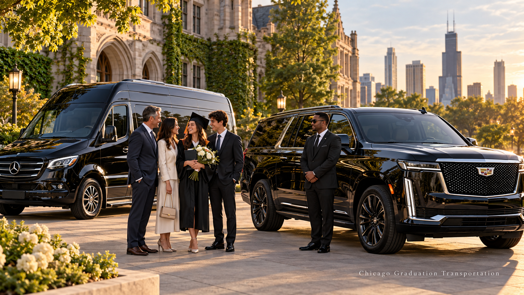 Chicago graduation transportation with a black Cadillac Escalade and Mercedes-Benz Sprinter for a graduate and family