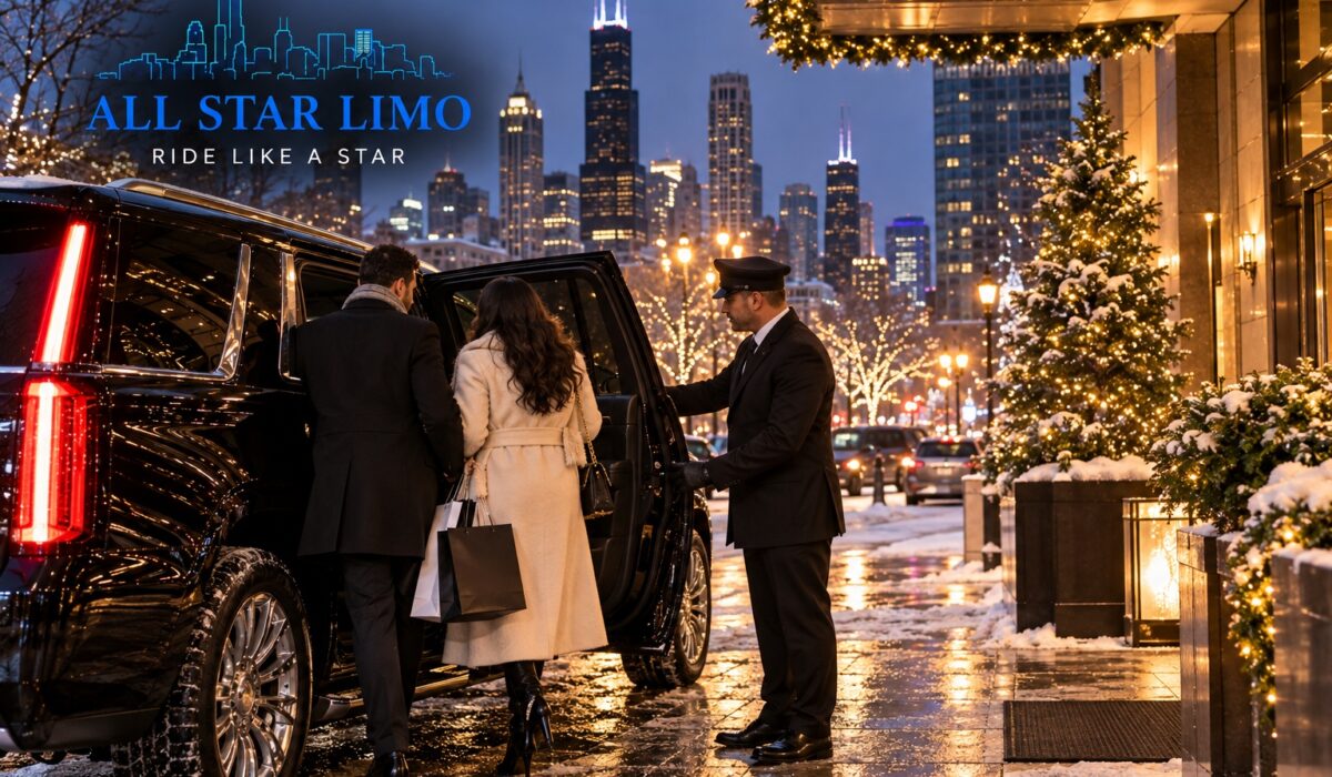 All Star Limo chauffeur helping a couple with shopping bags into a black SUV outside a Chicago hotel on a snowy holiday evening