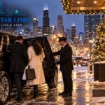 All Star Limo chauffeur helping a couple with shopping bags into a black SUV outside a Chicago hotel on a snowy holiday evening