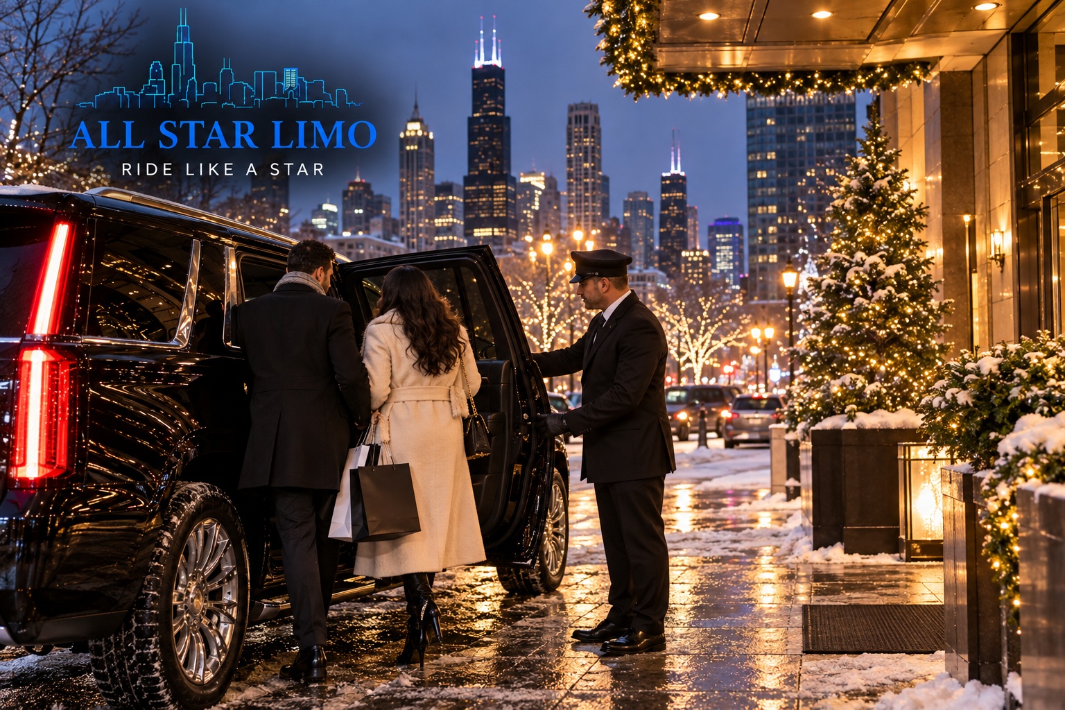 All Star Limo chauffeur helping a couple with shopping bags into a black SUV outside a Chicago hotel on a snowy holiday evening