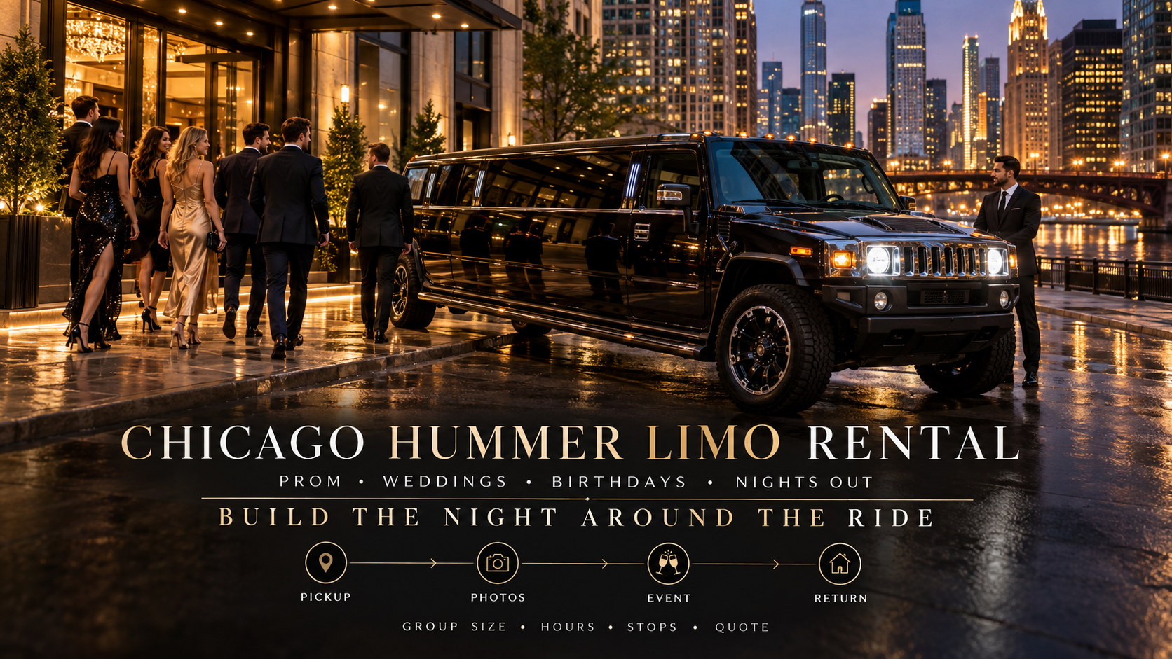 Chicago Hummer limo rental with a black Stretch Hummer for prom, weddings, birthdays and group celebrations