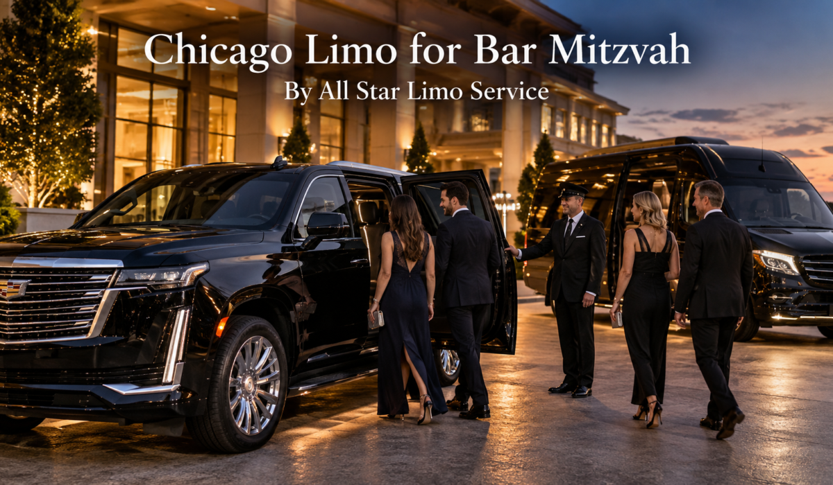 Chicago limo for Bar Mitzvah with a black 2026 Cadillac Escalade and Mercedes Sprinter outside an elegant event venue at dusk