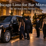 Chicago limo for Bar Mitzvah with a black 2026 Cadillac Escalade and Mercedes Sprinter outside an elegant event venue at dusk