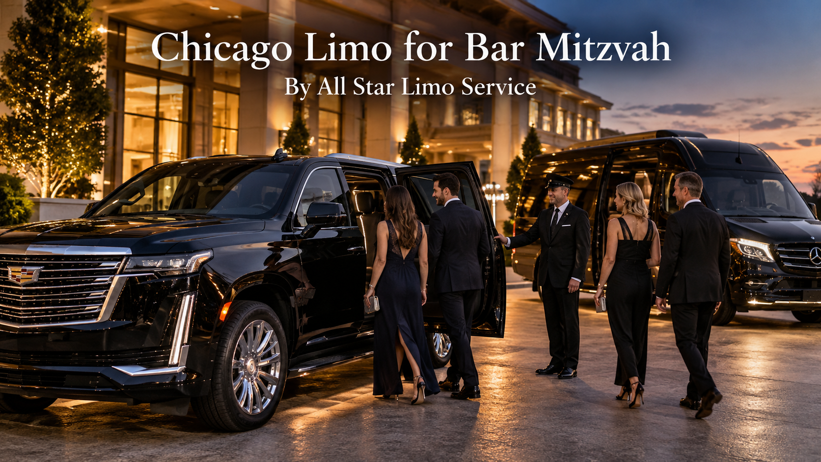 Chicago limo for Bar Mitzvah with a black 2026 Cadillac Escalade and Mercedes Sprinter outside an elegant event venue at dusk