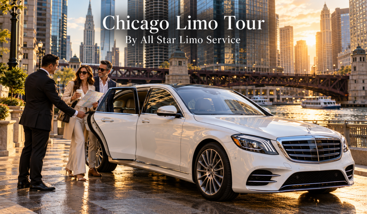 Chicago limo tour with a white 2026 Mercedes-Benz S-Class and chauffeur beside the Chicago River with the downtown skyline behind