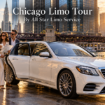 Chicago limo tour with a white 2026 Mercedes-Benz S-Class and chauffeur beside the Chicago River with the downtown skyline behind
