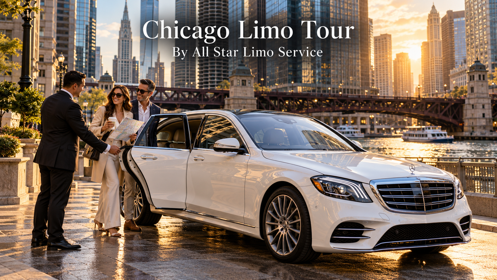 Chicago limo tour with a white 2026 Mercedes-Benz S-Class and chauffeur beside the Chicago River with the downtown skyline behind