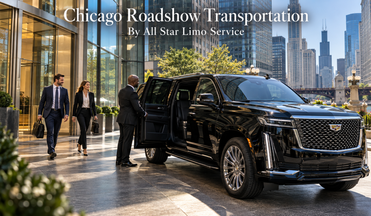 Chicago roadshow transportation with a black 2026 Cadillac Escalade and chauffeur waiting outside a downtown Chicago office tower