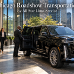 Chicago roadshow transportation with a black 2026 Cadillac Escalade and chauffeur waiting outside a downtown Chicago office tower