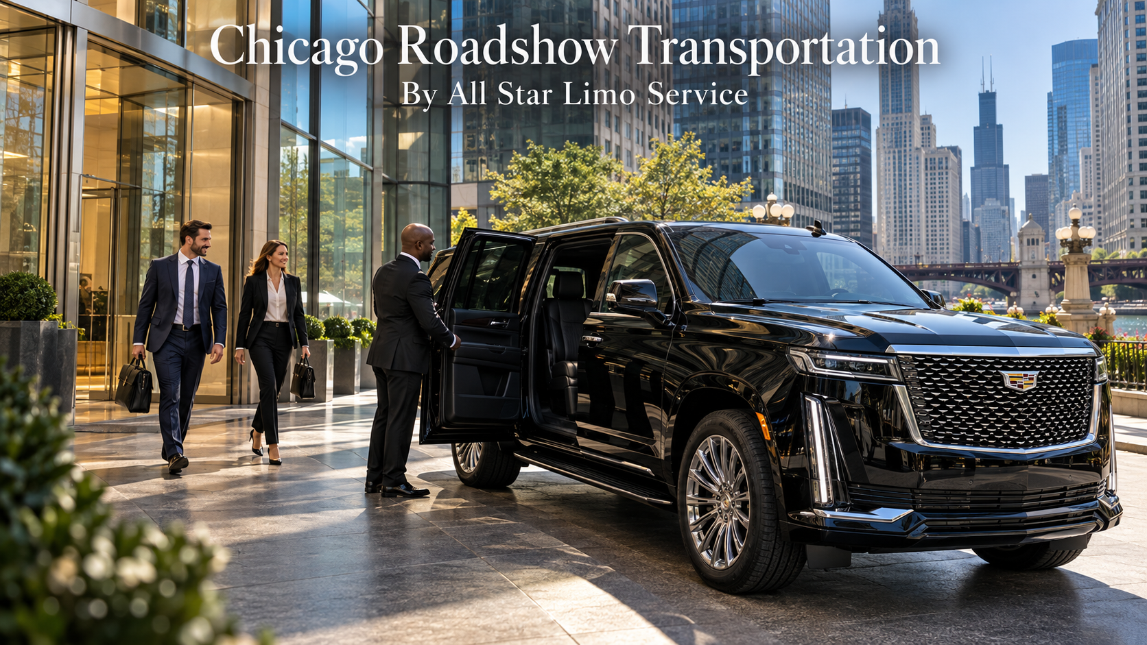 Chicago roadshow transportation with a black 2026 Cadillac Escalade and chauffeur waiting outside a downtown Chicago office tower