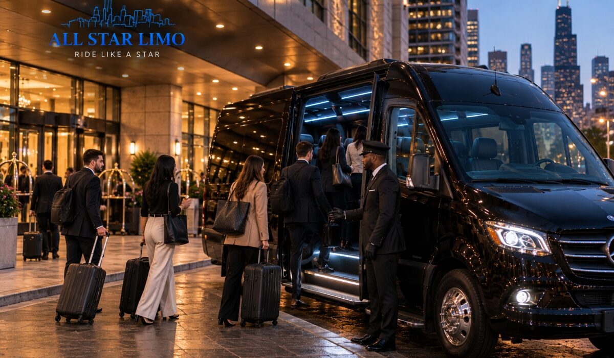 All Star Limo shuttle picking up a group of travelers with luggage outside a Chicago hotel