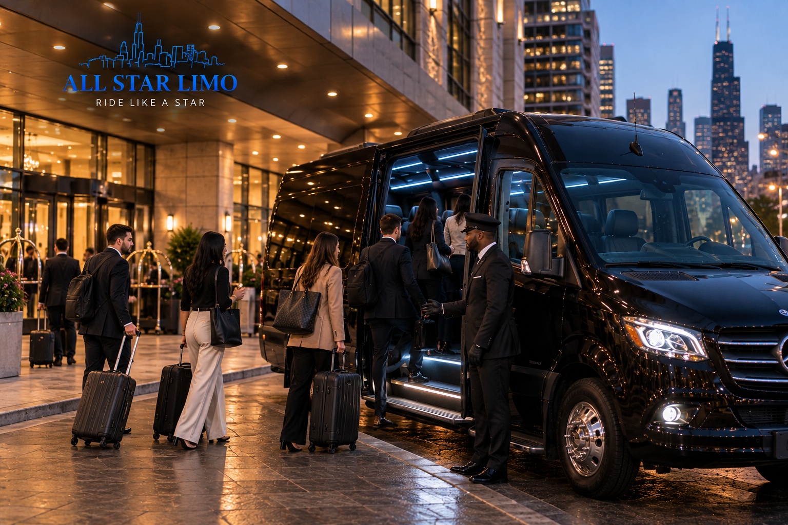 All Star Limo shuttle picking up a group of travelers with luggage outside a Chicago hotel