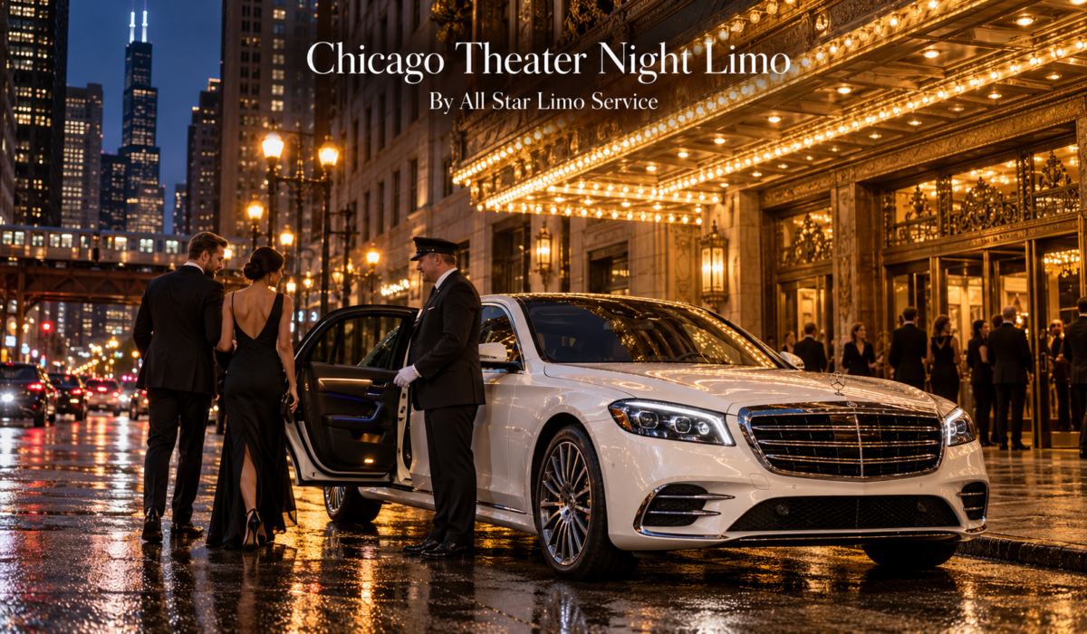 Chicago theater night limo with a white 2026 Mercedes-Benz S-Class and chauffeur outside a lit theater marquee in downtown Chicago