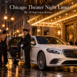 Chicago theater night limo with a white 2026 Mercedes-Benz S-Class and chauffeur outside a lit theater marquee in downtown Chicago
