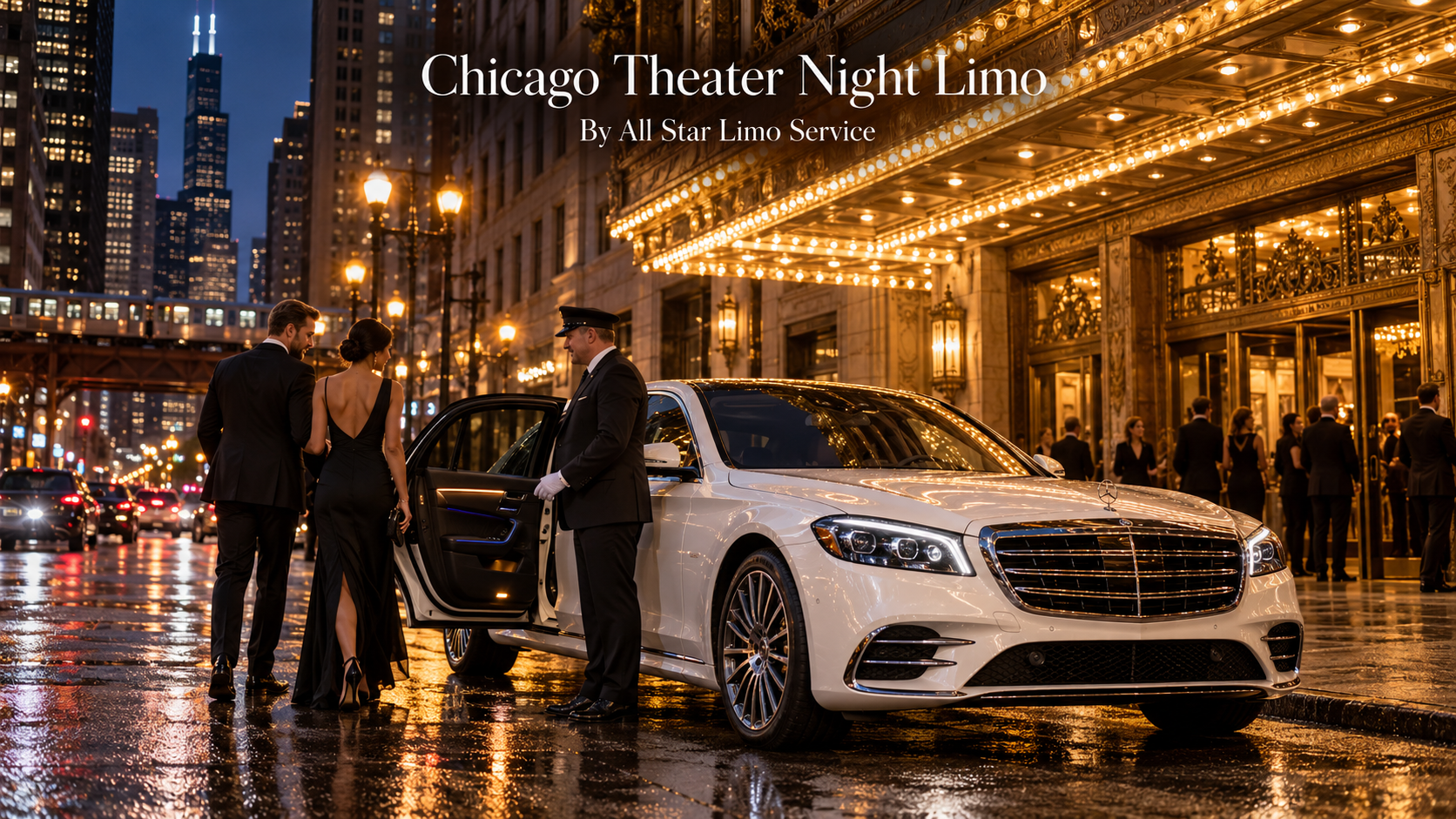 Chicago theater night limo with a white 2026 Mercedes-Benz S-Class and chauffeur outside a lit theater marquee in downtown Chicago