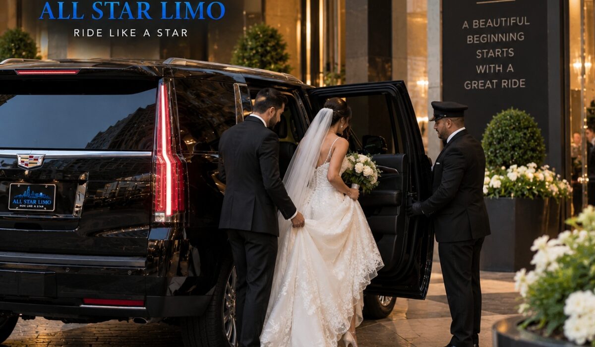 All Star Limo chauffeur assisting a bride and groom into a vehicle outside a Chicago hotel