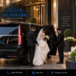 All Star Limo chauffeur assisting a bride and groom into a vehicle outside a Chicago hotel