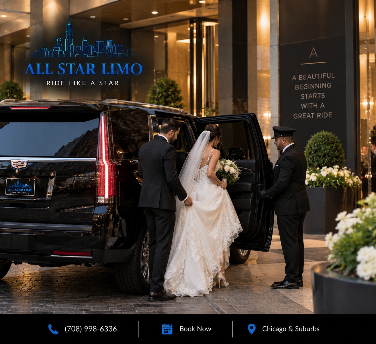 All Star Limo chauffeur assisting a bride and groom into a vehicle outside a Chicago hotel