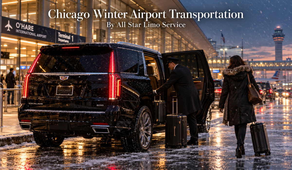 Chicago winter airport transportation with a black 2026 Cadillac Escalade and chauffeur loading luggage outside O'Hare in the snow