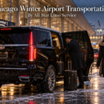 Chicago winter airport transportation with a black 2026 Cadillac Escalade and chauffeur loading luggage outside O'Hare in the snow