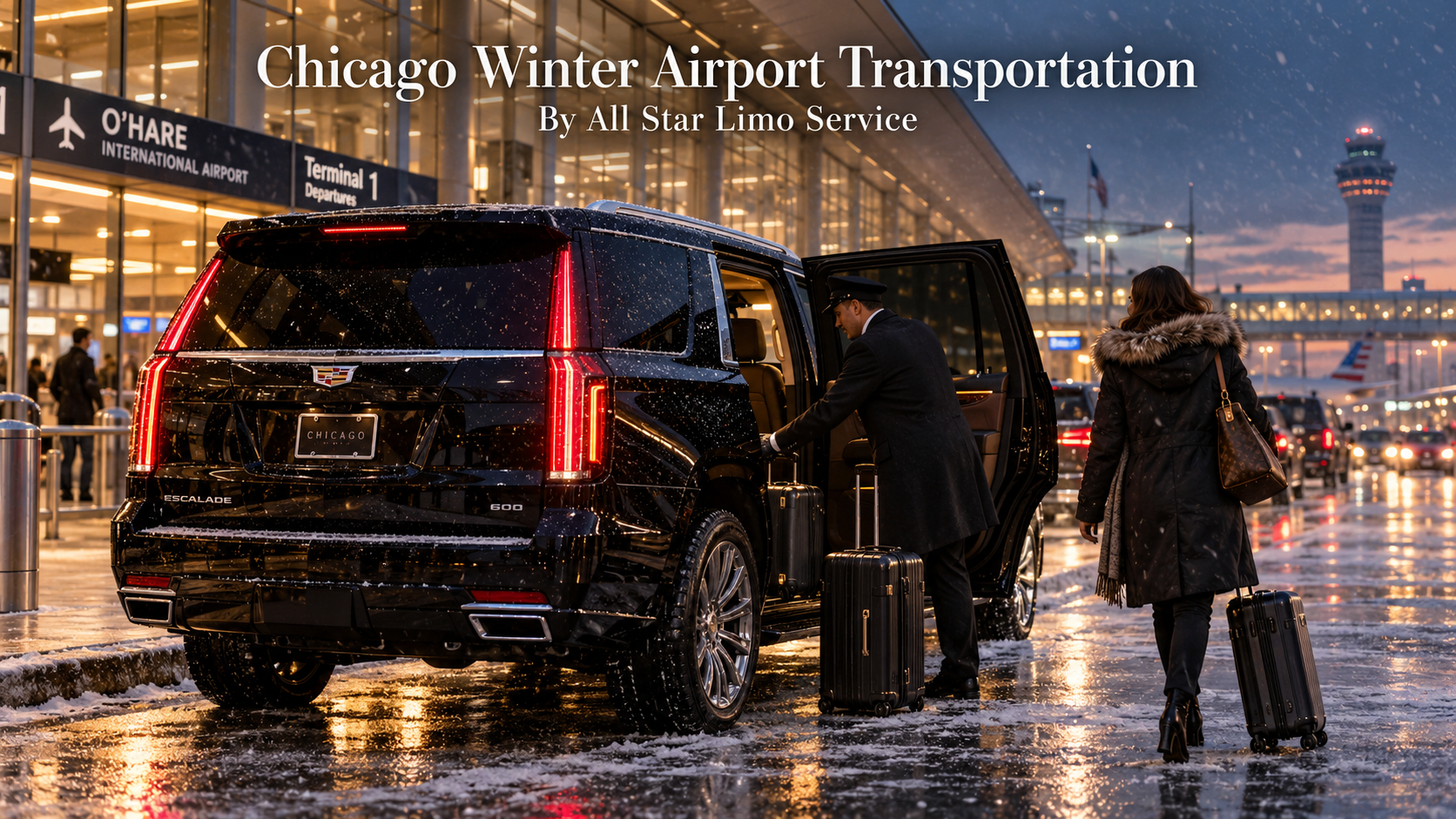 Chicago winter airport transportation with a black 2026 Cadillac Escalade and chauffeur loading luggage outside O'Hare in the snow