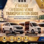 All Star Limo graphic titled "Chicago Wedding Venue Transportation Guide" with a gold and floral wedding theme, showing a fleet of white vehicles — a stretch limo, sedan, SUV, sprinter van, and shuttle — near the Chicago skyline, a wedding venue map, and Midway airport signage.