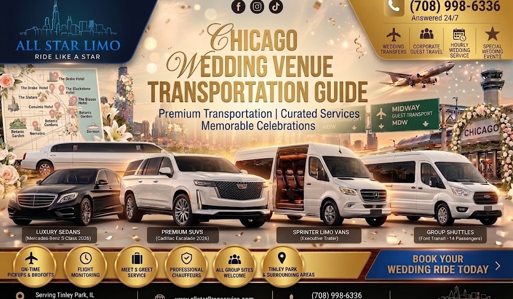 All Star Limo graphic titled "Chicago Wedding Venue Transportation Guide" with a gold and floral wedding theme, showing a fleet of white vehicles — a stretch limo, sedan, SUV, sprinter van, and shuttle — near the Chicago skyline, a wedding venue map, and Midway airport signage.