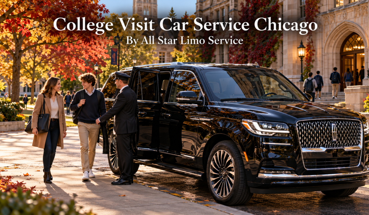 College visit car service Chicago with a black 2026 Lincoln Navigator and chauffeur greeting a family outside a stone university building in autumn