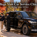 College visit car service Chicago with a black 2026 Lincoln Navigator and chauffeur greeting a family outside a stone university building in autumn