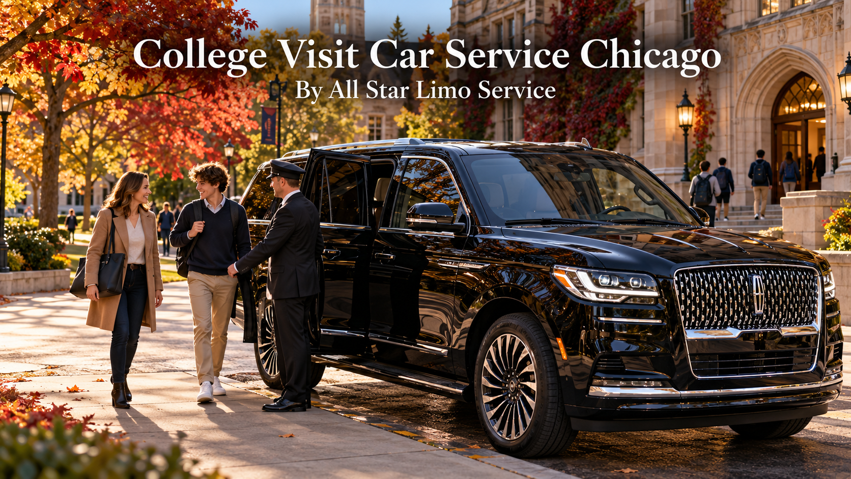 College visit car service Chicago with a black 2026 Lincoln Navigator and chauffeur greeting a family outside a stone university building in autumn